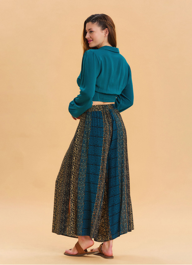 Elasticated Waistband with Slit Detail  Petrol Blue Wide Leg Trousers 4840